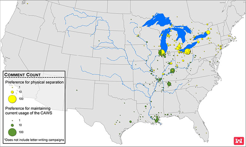 A map demonstrating where physical separation is supported based on public comments. Image courtesy of the U.S. Army Corps of Engineers.