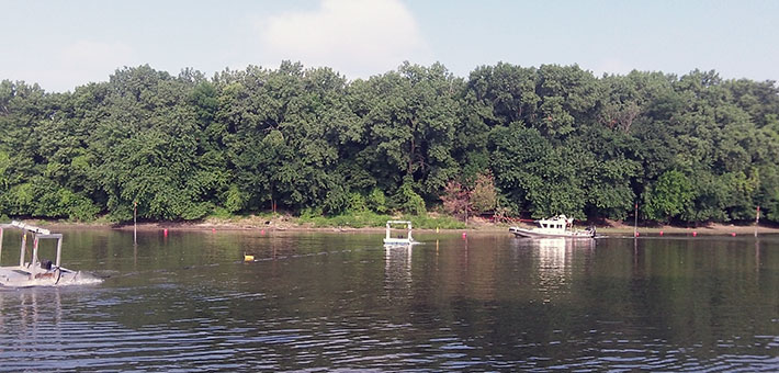 Watergun platforms and hydroacoustics boat. Photo provided by USGS.